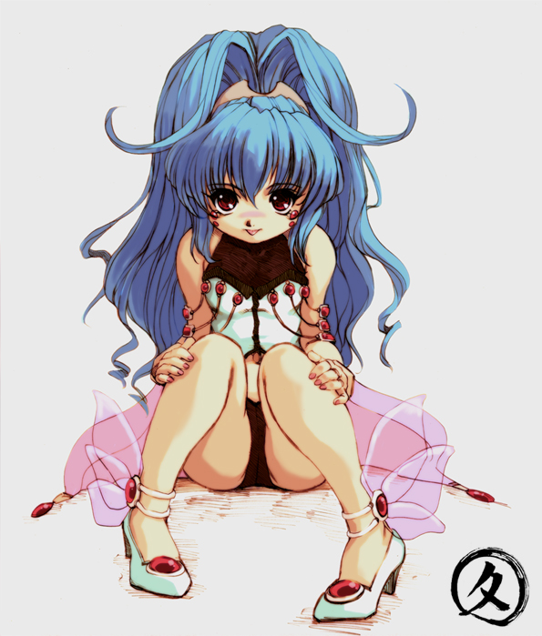hisahiko, alfimi, banpresto, super robot wars, super robot wars original generation, 1girl, blue hair, female focus, full body, grey background, high heels, long hair, red eyes, simple background, sitting, solo, tongue