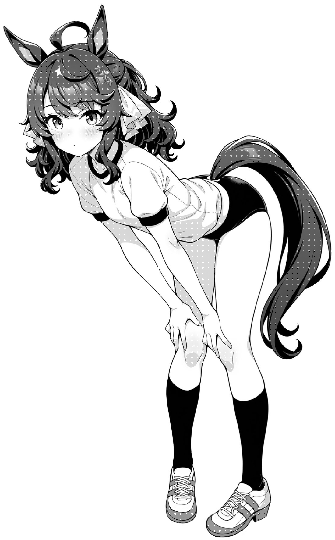 akagi koku, daring tact (umamusume), umamusume, commentary, highres, 1girl, ahoge, animal ears, blush, buruma, full body, greyscale, gym shirt, gym uniform, hair ribbon, hands on own knees, horse ears, horse girl, horse tail, leaning forward, long hair, looking at viewer, monochrome, parted lips, ribbon, shirt, shoes, short sleeves, simple background, sneakers, socks, solo, standing, tail