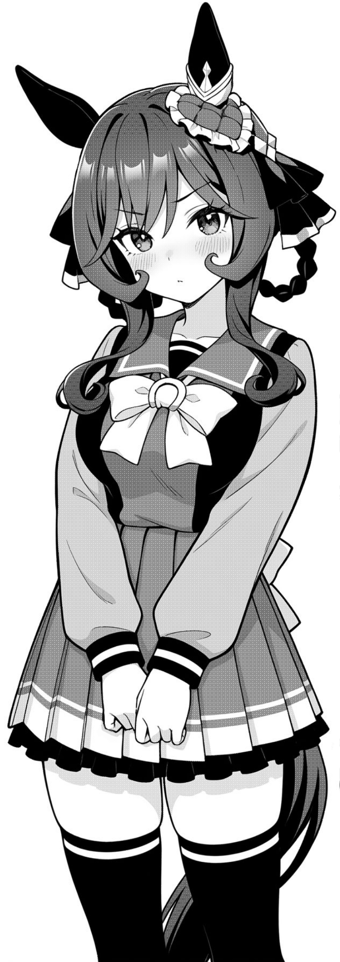 akagi koku, gentildonna (umamusume), umamusume, commentary, highres, 1girl, animal ears, blush, bow, bowtie, breasts, closed mouth, collarbone, cowboy shot, frilled skirt, frills, greyscale, hair ribbon, horse ears, horse girl, horse tail, large breasts, long hair, long sleeves, looking at viewer, monochrome, pleated skirt, ribbon, sailor collar, school uniform, shirt, simple background, skirt, solo, tail, thighhighs, tracen school uniform, zettai ryouiki
