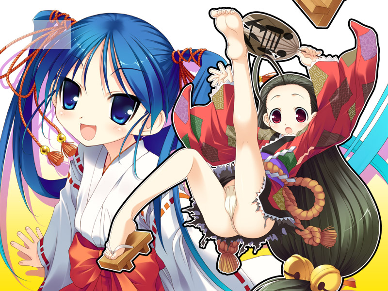 saitou tsukasa, 2girls, barefoot, feet, hakama, hakama skirt, japanese clothes, kimono, kimono skirt, miko, multiple girls, panties, red hakama, shoes, single shoe, skirt, soles, underwear