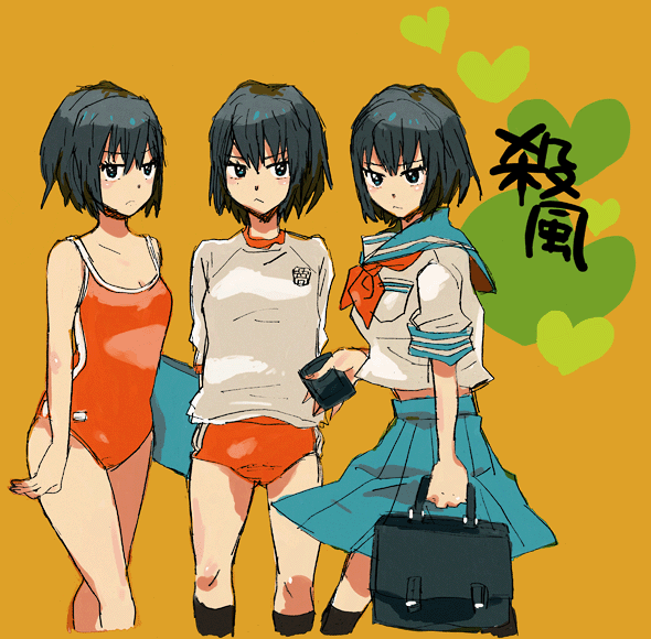 sana (artist), sanada (sappu), original, 1girl, black hair, blue eyes, buruma, gym uniform, multiple views, one-piece swimsuit, school uniform, serafuku, short hair, swimsuit