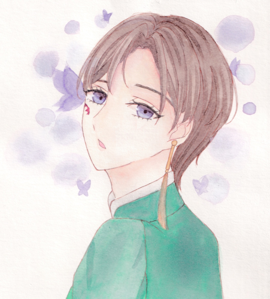 nikki (series), shining nikki, painting (medium), traditional media, watercolor (medium), 1boy, aqua hanfu, brown hair, bubble, bug, butterfly, butterfly on face, chinese clothes, earrings, expressionless, eyelashes, hanfu, insect, jewelry, kanata (6v0o0v9), looking at viewer, looking back, male focus, mandarin collar, open mouth, pointy nose, purple butterfly, purple eyes, qin yi, short hair, single earring, solo, tassel, tassel earrings, upper body