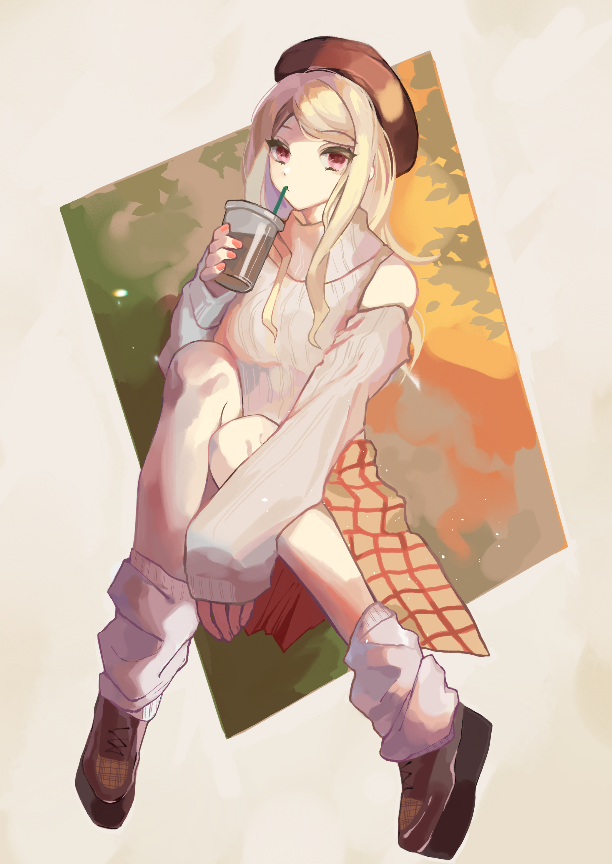 luna 11777, akamatsu kaede, danganronpa (series), danganronpa v3: killing harmony, absurdres, commentary request, highres, 1girl, alternate costume, arm warmers, autumn, beret, blonde hair, breasts, brown hat, drink, drinking, drinking straw, eyelashes, hat, holding, holding drink, knees up, long hair, looking at viewer, loose socks, nail polish, pink eyes, ribbed sweater, sitting, skirt, socks, solo, sweater