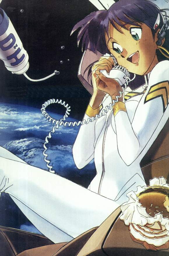 nadia la arwall, fushigi no umi no nadia, uniform, 1990s (style), 1girl, bodysuit, bottle, burger, corded phone, dark-skinned female, dark skin, female focus, food, green eyes, headphones, mecha pilot suit, phone, plugsuit (evangelion), purple hair, retro artstyle, short hair, solo, space, water bottle
