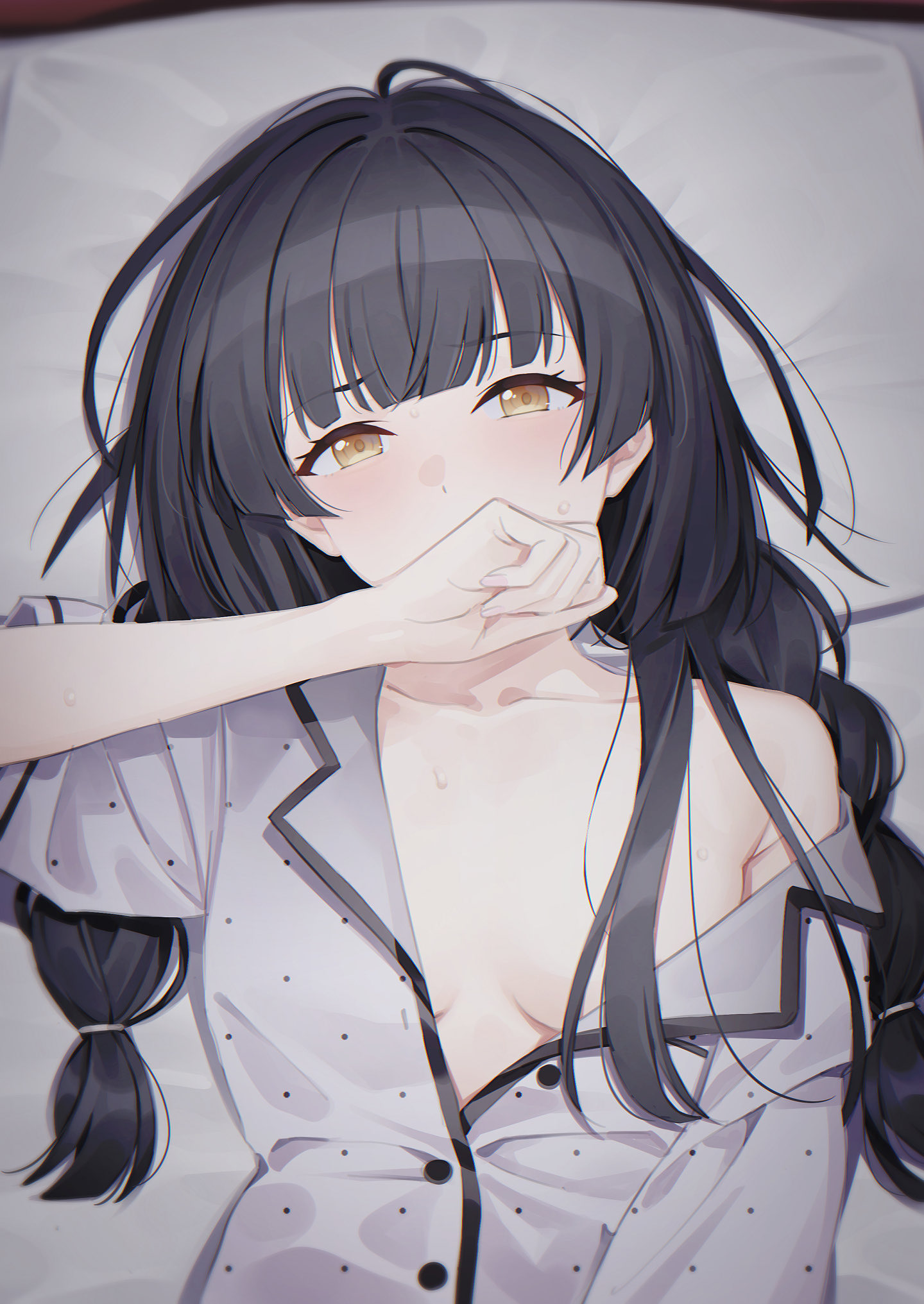 mikazuchi zeus, mayuzumi fuyuko, idolmaster, idolmaster shiny colors, highres, 1girl, bed sheet, black hair, blunt bangs, blush, braid, breasts, collarbone, covering own mouth, hair censor, hair over breasts, hair over one breast, hand over own mouth, long hair, looking at viewer, lying, medium breasts, off shoulder, on back, open clothes, open shirt, pajamas, partially unbuttoned, polka dot, polka dot shirt, shirt, short sleeves, single bare shoulder, small breasts, solo, sweat, twin braids, upper body, yellow eyes