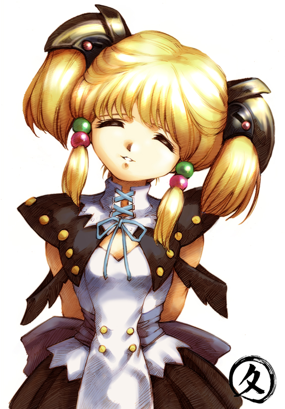 hisahiko, irui guneden, banpresto, super robot wars, 1girl, ^ ^, blonde hair, closed eyes, cowboy shot, female focus, head tilt, short twintails, simple background, smile, solo, twintails, white background