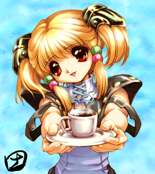 hisahiko, irui guneden, banpresto, super robot wars, 1girl, blonde hair, brown eyes, coffee, cup, female focus, quad tails, red eyes, short twintails, solo, teacup, twintails