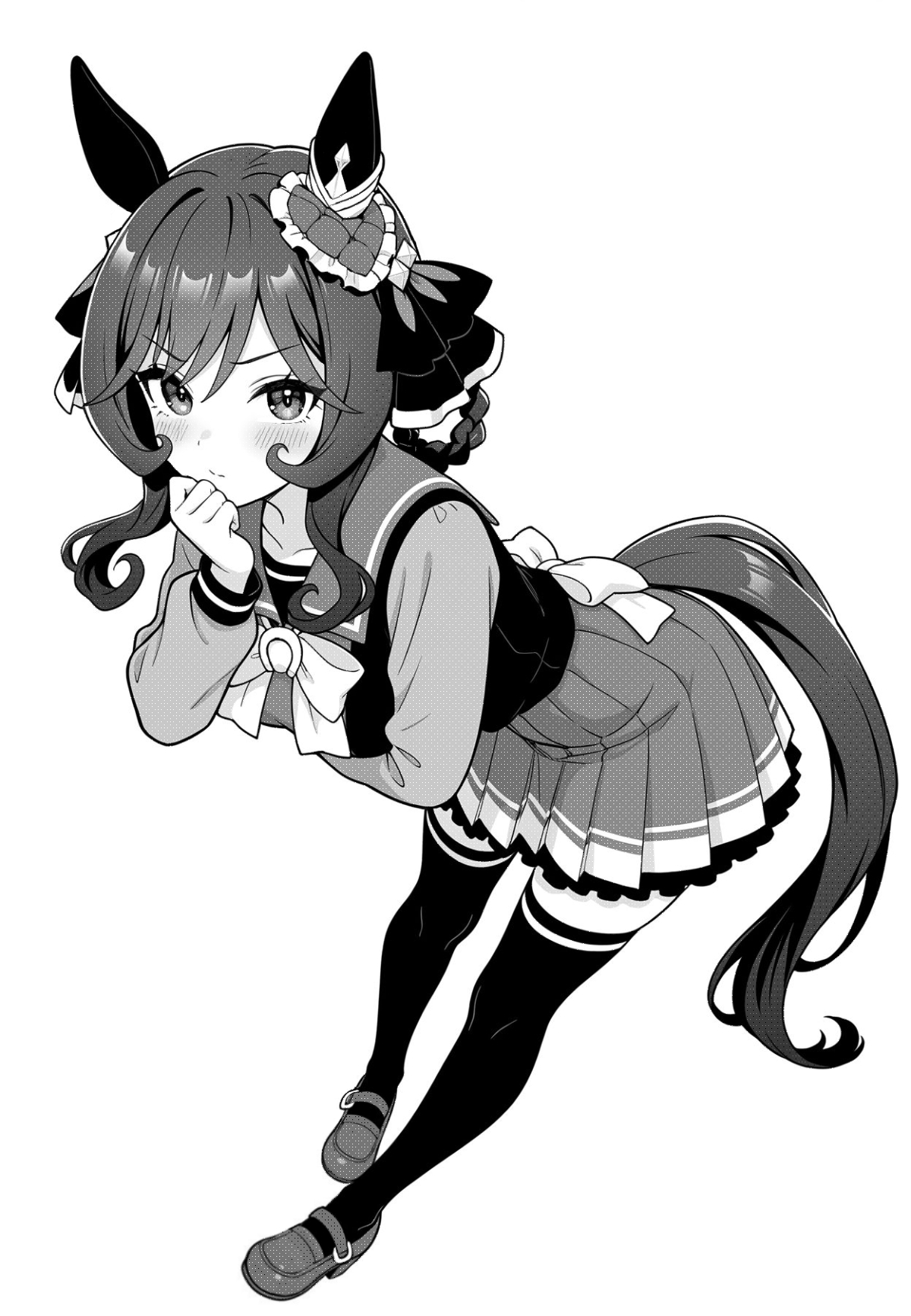 akagi koku, gentildonna (umamusume), umamusume, commentary, highres, 1girl, animal ears, back bow, blush, bow, bowtie, closed mouth, collarbone, frilled skirt, frills, full body, greyscale, hair ribbon, horse ears, horse girl, horse tail, long hair, long sleeves, looking at viewer, monochrome, pleated skirt, ribbon, sailor collar, shirt, shoes, simple background, skirt, solo, standing, tail, thighhighs, zettai ryouiki