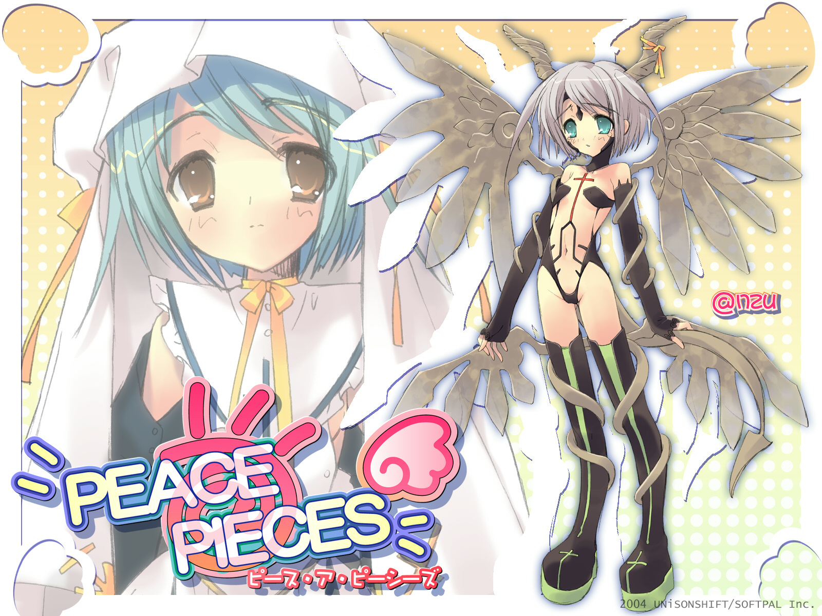 ito noizi, anzu, peace@pieces, highres, flat chest, green eyes, grey hair, horns, navel, thighhighs, wings