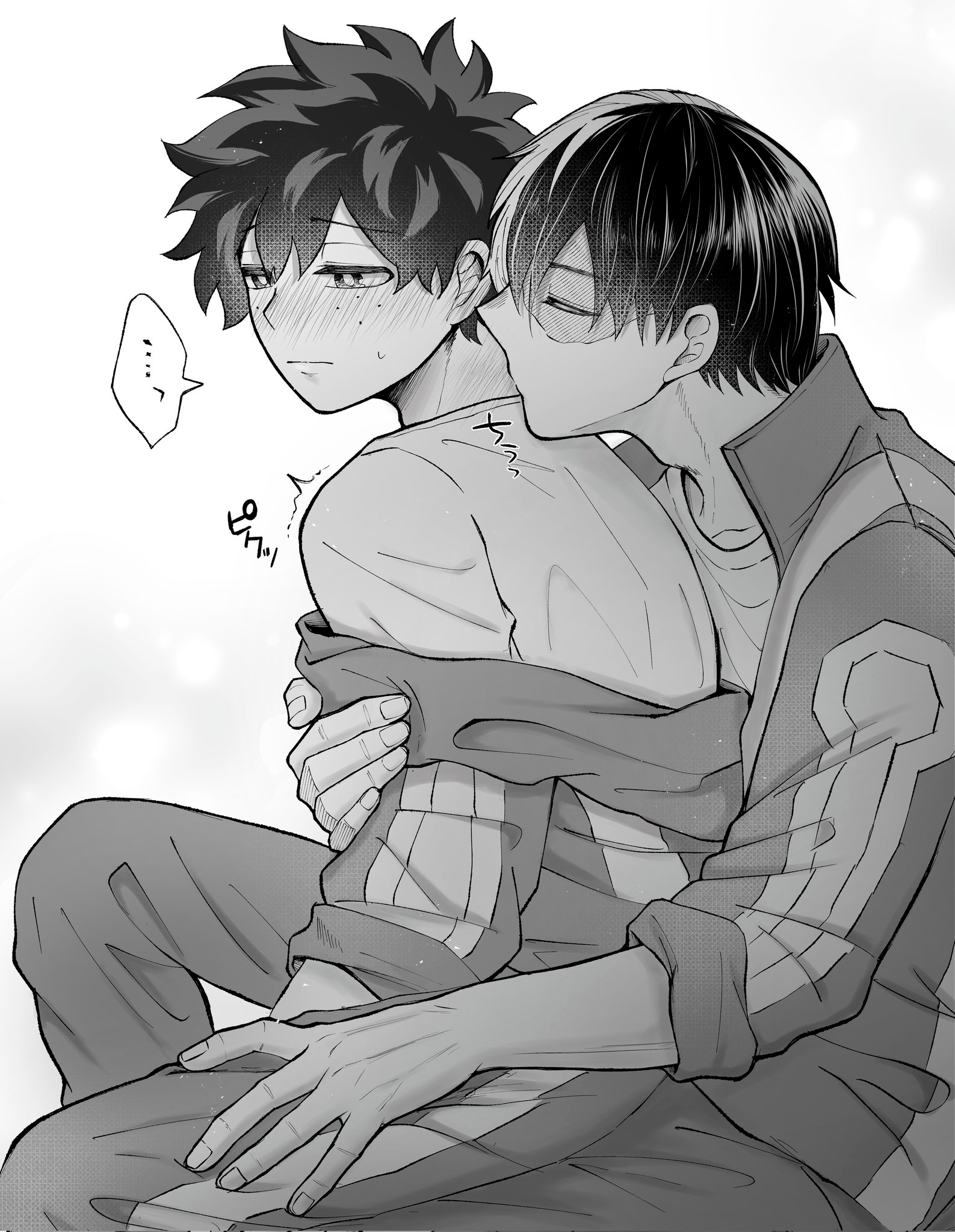 piiinon168, midoriya izuku, todoroki shoto, boku no hero academia, blush, curly hair, embarrassed, freckles, kiss, multicolored hair, scar, shirt, sportswear, tododeku, two-tone hair