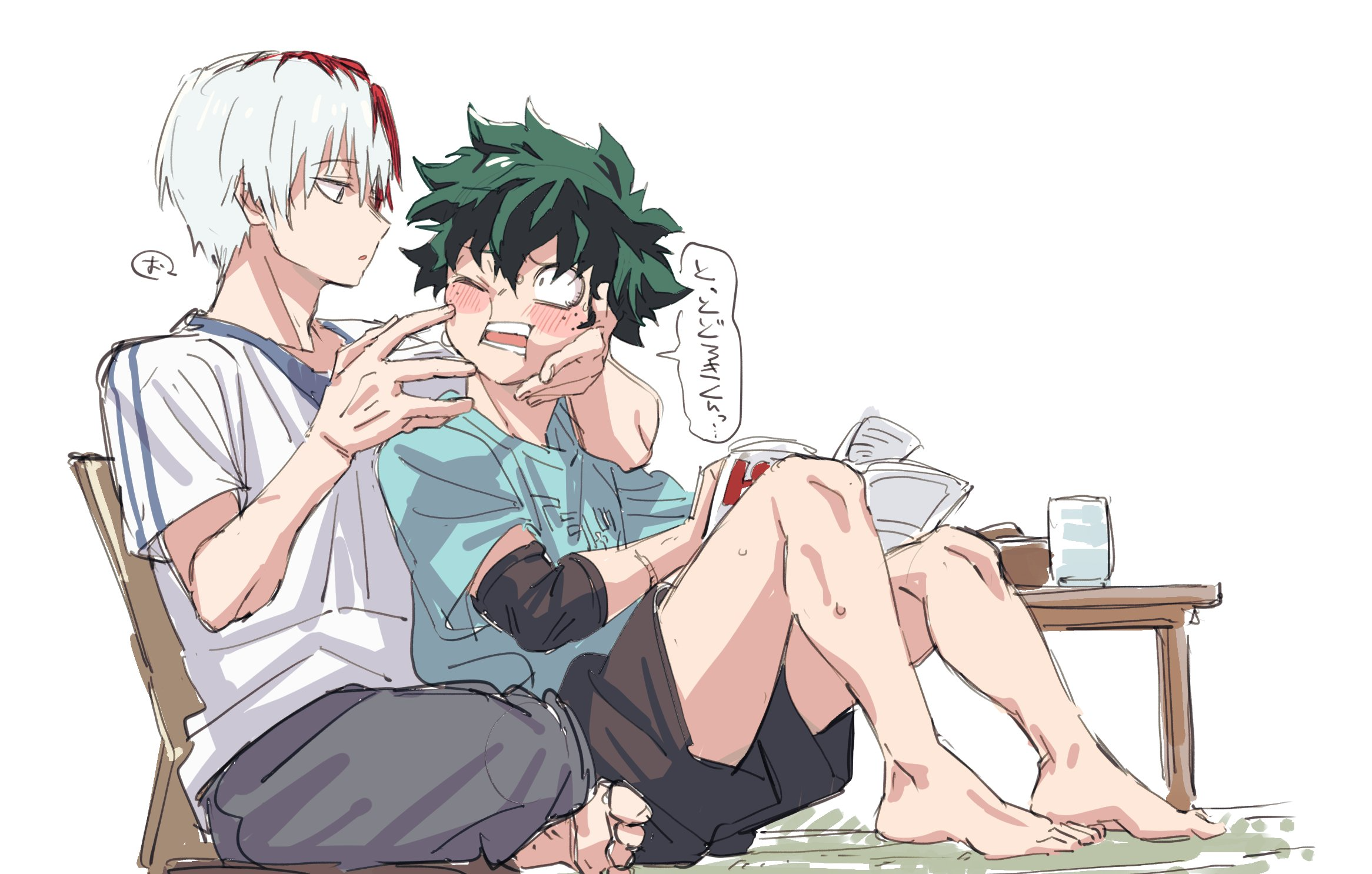 midoriya izuku, todoroki shoto, boku no hero academia, barefoot, blush, curly hair, feet, freckles, green hair, ika mkai, legs, nervous, pajamas, pants, red hair, shirt, short, sitting, tododeku, white hair