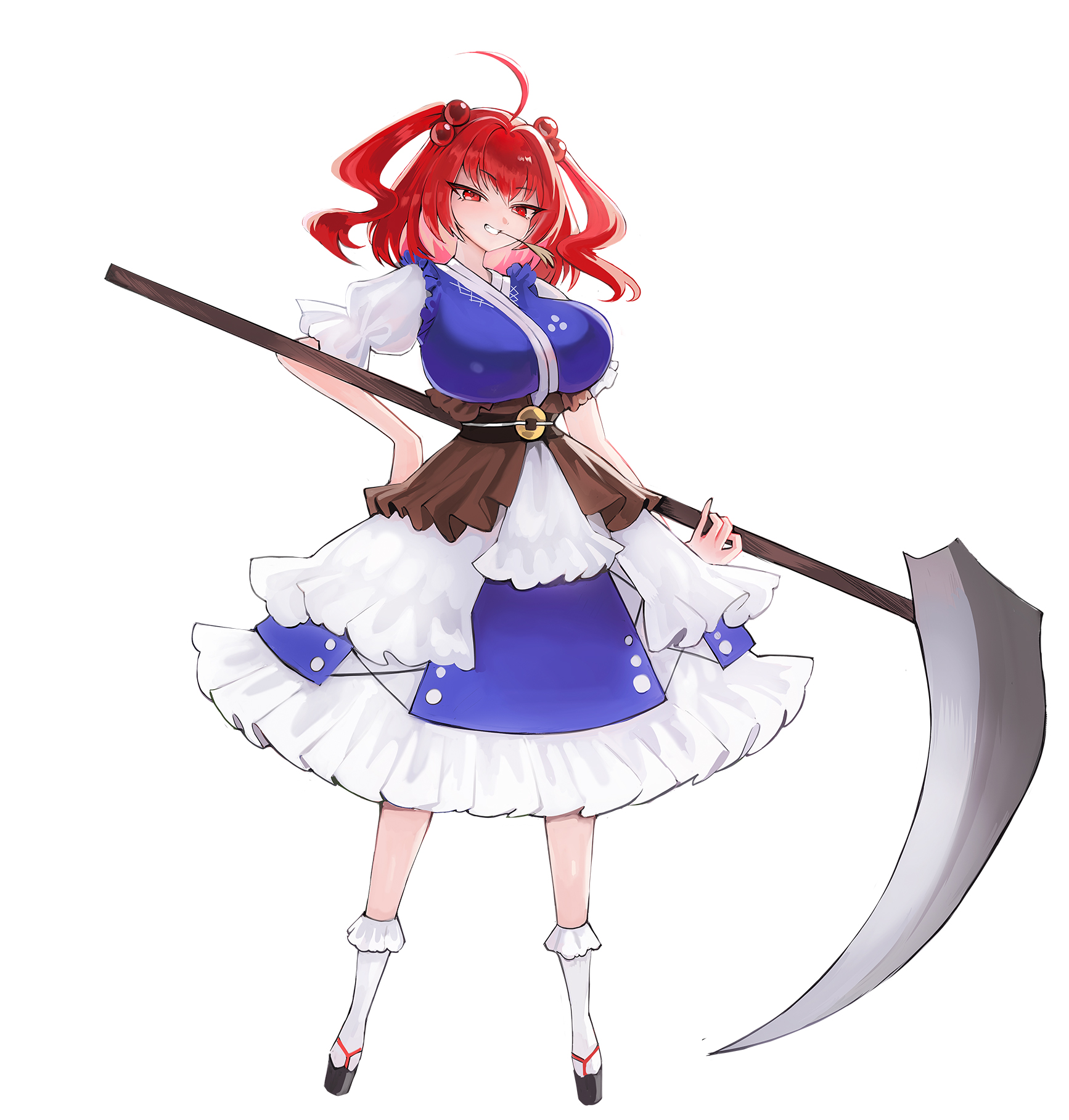 estelle8js, onozuka komachi, touhou, commentary, highres, 1girl, ahoge, black shoes, blue dress, breasts, coin, dress, full body, hair bobbles, hair ornament, holding, holding scythe, large breasts, obi, red eyes, red hair, sash, scythe, shoes, short sleeves, simple background, socks, solo, standing, two side up, white background, white socks