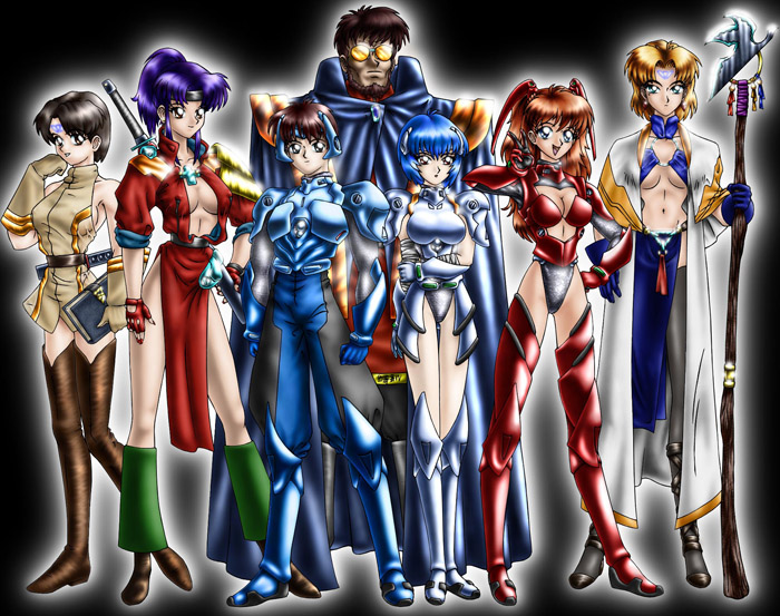 akagi ritsuko, ayanami rei, ibuki maya, ikari gendou, ikari shinji, katsuragi misato, souryuu asuka langley, neon genesis evangelion, 2boys, 5girls, age difference, armor, beard, bikini armor, blue hair, breasts, cleavage, facial hair, father and son, glasses, large breasts, loincloth, medium breasts, multiple boys, multiple girls, open clothes, open shirt, parody, shirt, sleeves rolled up, staff, thighhighs, underboob