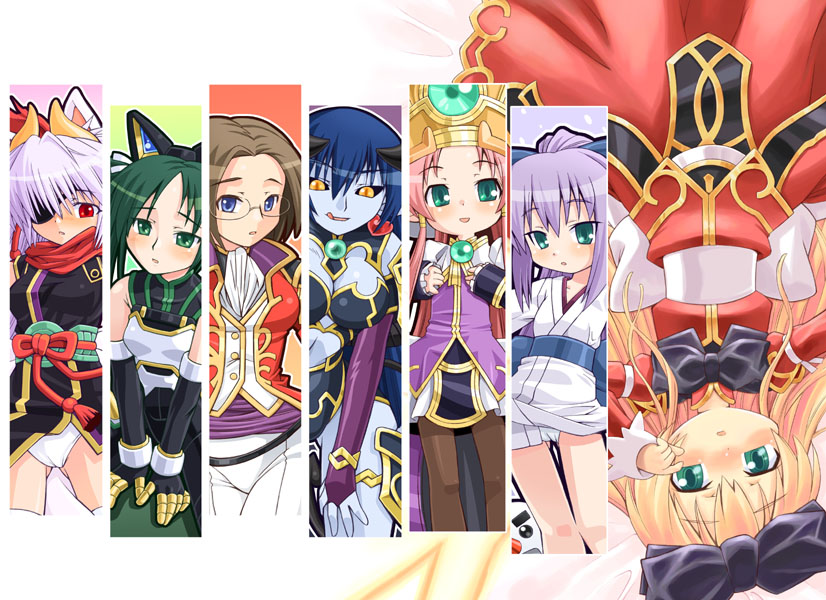 minami juujisei, andil, andil (shinrabanshou), aruma (shinrabanshou), astaroth (shinrabanshou), hisame (shinrabanshou), kuon (shinrabanshou), pygmalion, pygmalion (shinrabanshou), terasu (shinrabanshou), shinrabanshou, light purple hair, 6+girls, :d, animal ears, black sclera, blonde hair, blue hair, blue skin, blush, bow, bridal gauntlets, brown hair, colored sclera, colored skin, crown, demon girl, elbow gloves, glasses, gloves, green eyes, green hair, hair bow, horns, japanese clothes, multiple girls, open mouth, panties, pantyhose, pink hair, ponytail, red eyes, smile, tongue, underwear, white panties, yellow eyes