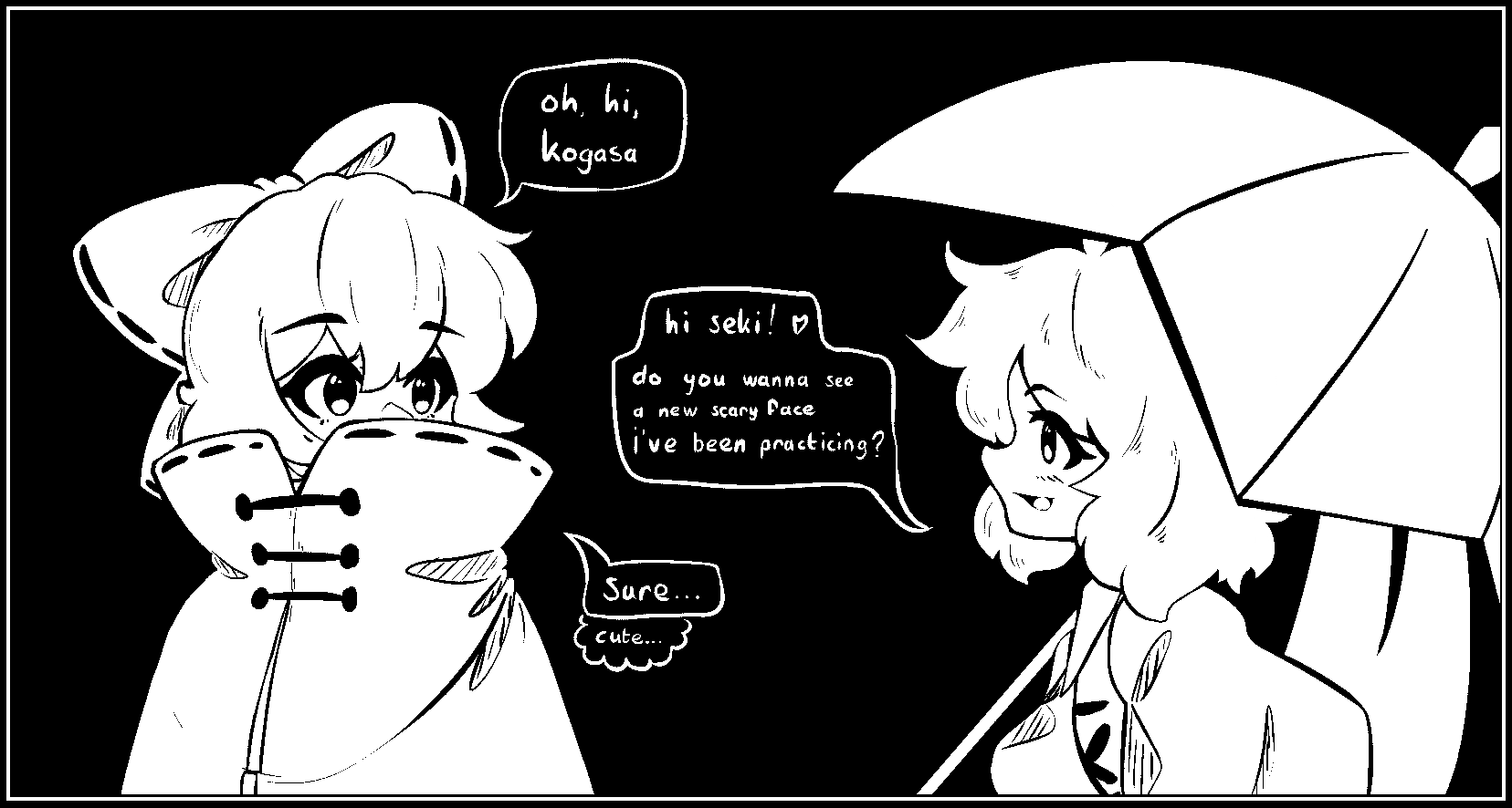 rownou, sekibanki, tatara kogasa, touhou, highres, 2girls, bow, cloak, english text, hair bow, high contrast, karakasa obake, looking at another, monochrome, multiple girls, open mouth, short hair, speech bubble, umbrella, upper body