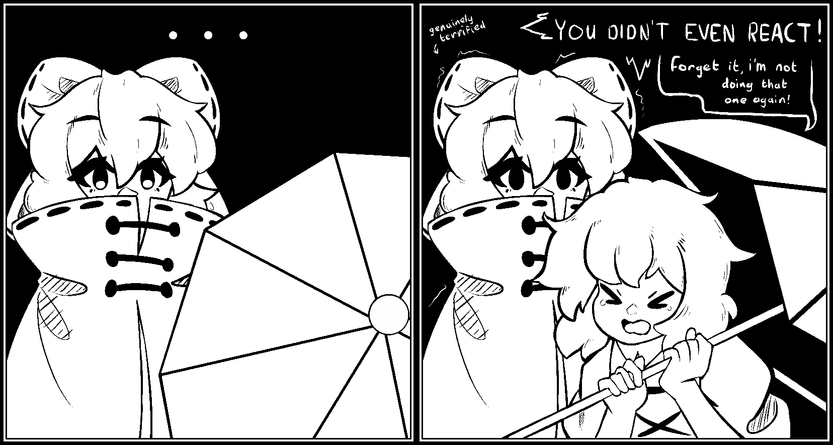 rownou, sekibanki, tatara kogasa, touhou, commentary, english commentary, highres, > <, …, 2girls, bow, cloak, cross-laced clothes, english text, hair bow, high contrast, holding, holding umbrella, monochrome, multiple girls, short hair, speech bubble, umbrella