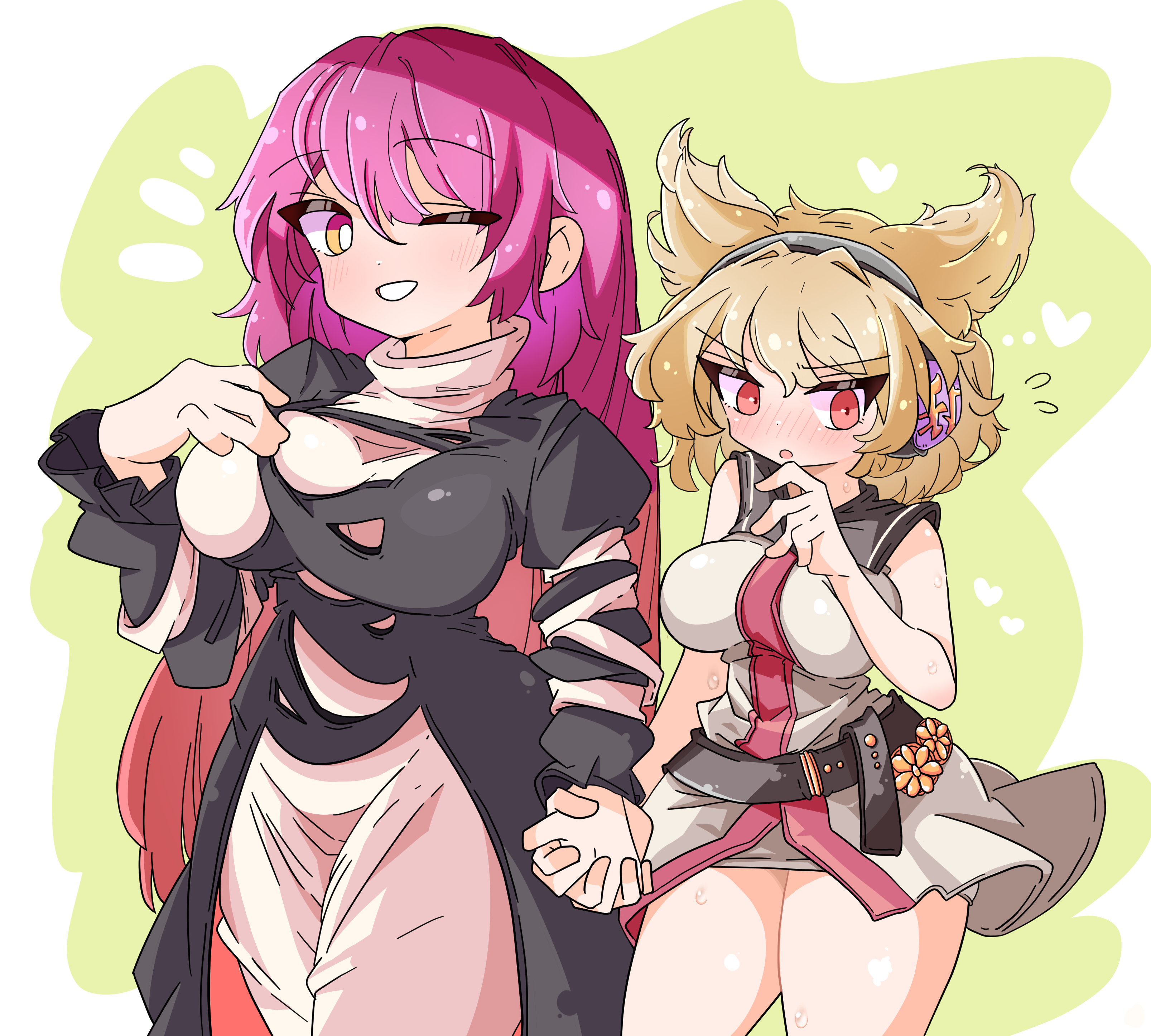 happynalga, hijiri byakuren, toyosatomimi no miko, touhou, absurdres, hashtag-only commentary, highres, 2girls, belt, black dress, blush, breasts, bright pupils, cross-laced clothes, dress, flying sweatdrops, headset, heart, holding hands, large breasts, multiple girls, one eye closed, orange eyes, pointy hair, red eyes, thighs, white dress, white pupils