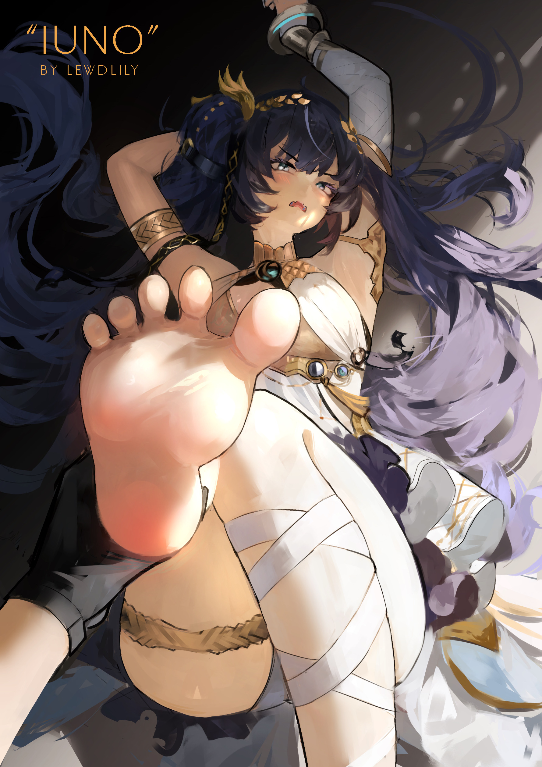 lewdlily66, iuno (wuthering waves), male rover (wuthering waves), rover (wuthering waves), wuthering waves, absurdres, commentary, highres, 1boy, 1girl, armlet, armpits, arms up, artist name, barefoot, black gloves, blue eyes, blue hair, blush, breasts, character name, feet, foot focus, foot out of frame, gloves, gold bra, hair belt, head wreath, holding another's foot, jewelry, leg wrap, long hair, looking at viewer, lying, medium breasts, on back, open mouth, pov, pov hands, soles, solo focus, thighlet, toes, twintails