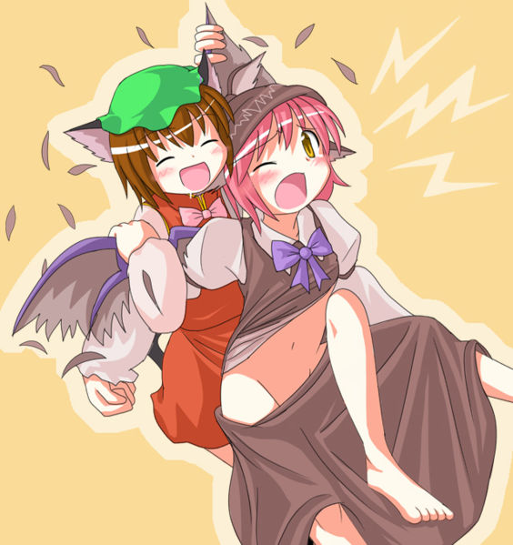 des (namaasi), chen, mystia lorelei, touhou, 2girls, animal ears, barefoot, cat ears, cat girl, feathers, female focus, groin, hat, multiple girls, no panties, wings, you gonna get raped