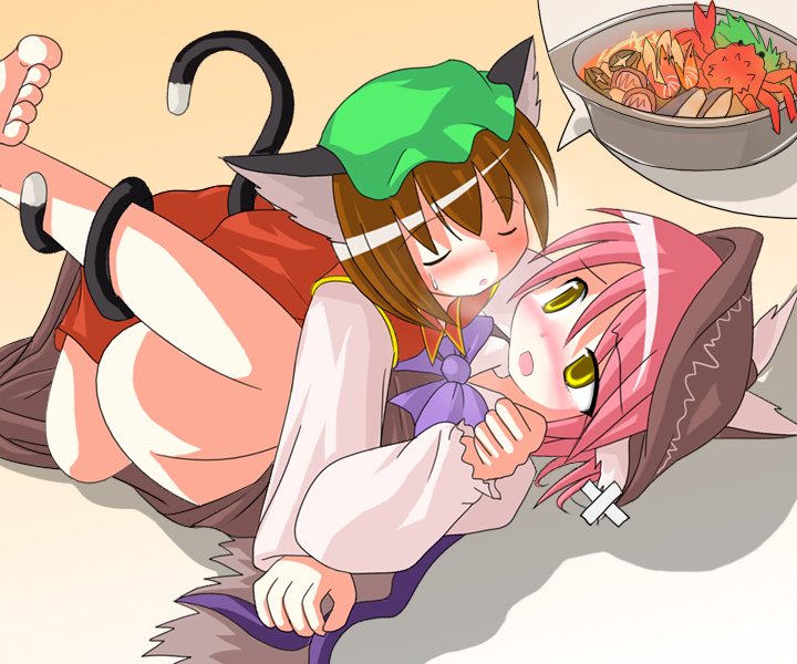 des (namaasi), chen, mystia lorelei, touhou, 2girls, animal ears, bandages, barefoot, blush, bowl, breath, cat ears, cat girl, cat tail, crab, female focus, food, hat, heavy breathing, imagining, multiple girls, multiple tails, no panties, oden, prehensile tail, shrimp, tail, tail wrap, yuri