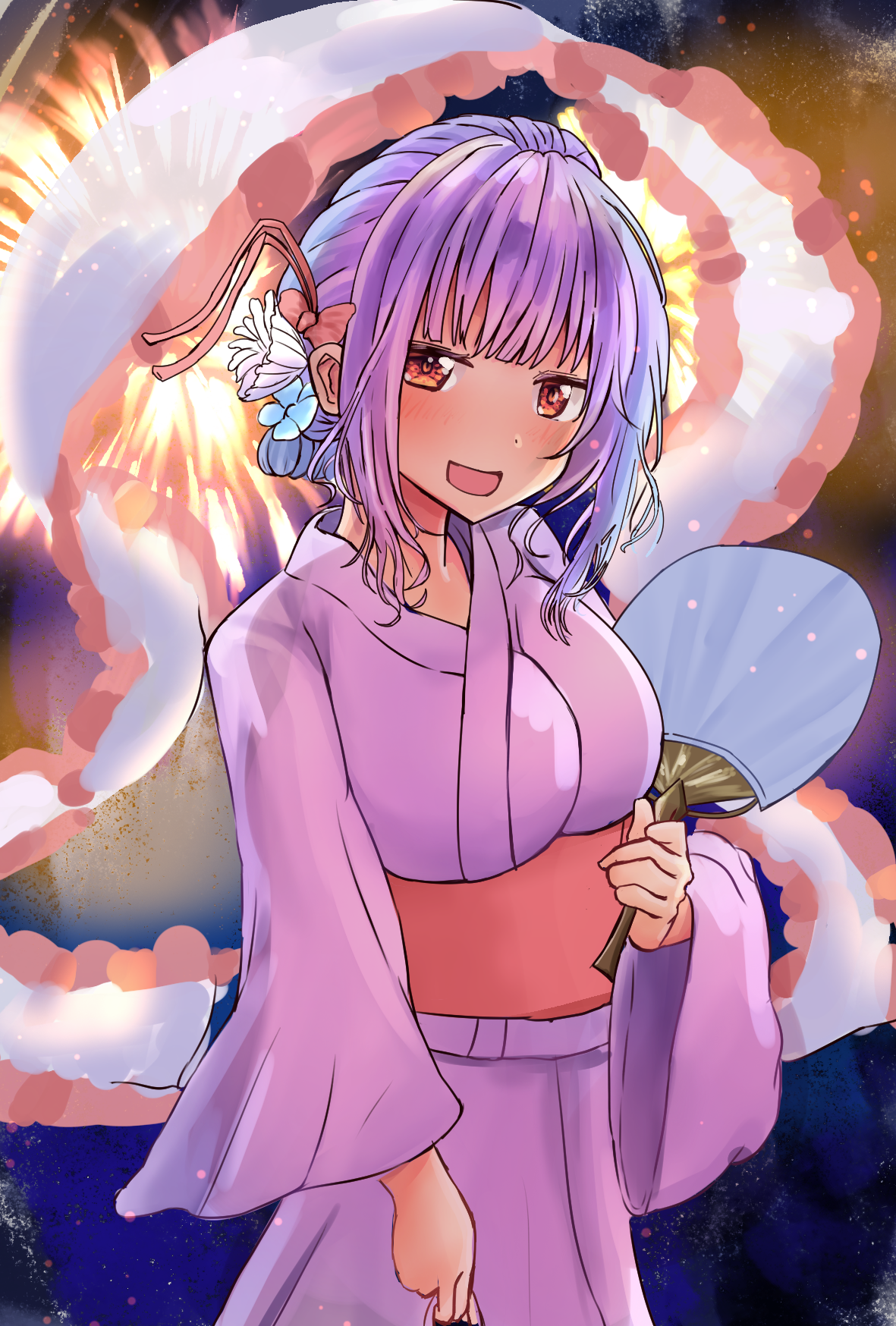 bissya314, nagae iku, touhou, commentary request, highres, 1girl, alternate costume, blush, breasts, fireworks, flower, hair flower, hair ornament, hand fan, holding, holding fan, japanese clothes, kimono, large breasts, looking at viewer, medium hair, open mouth, purple hair, purple kimono, red eyes, sash, shawl, solo, yukata