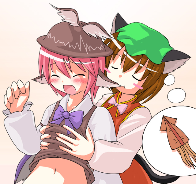des (namaasi), chen, mystia lorelei, touhou, biting ear, 2girls, animal ears, biting, blush, bow, breasts, cat ears, cat girl, cat tail, eargasm, female focus, food, grabbing another's breast, groping, imagining, midriff, multiple girls, navel, short hair, squid, tail, uncommon stimulation, yuri