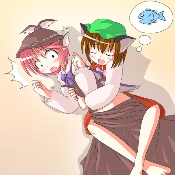 des (namaasi), chen, mystia lorelei, touhou, 2girls, animal ears, blush, cat ears, cat girl, female focus, fish, hug, multiple girls, wings, yuri