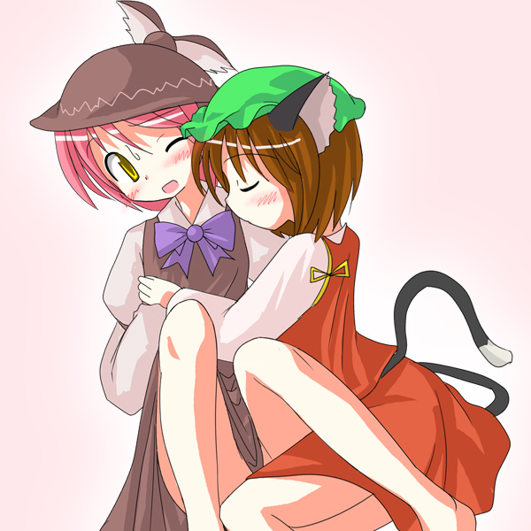 des (namaasi), chen, mystia lorelei, touhou, 2girls, animal ears, blush, cat ears, cat girl, cat tail, female focus, multiple girls, tail, yuri