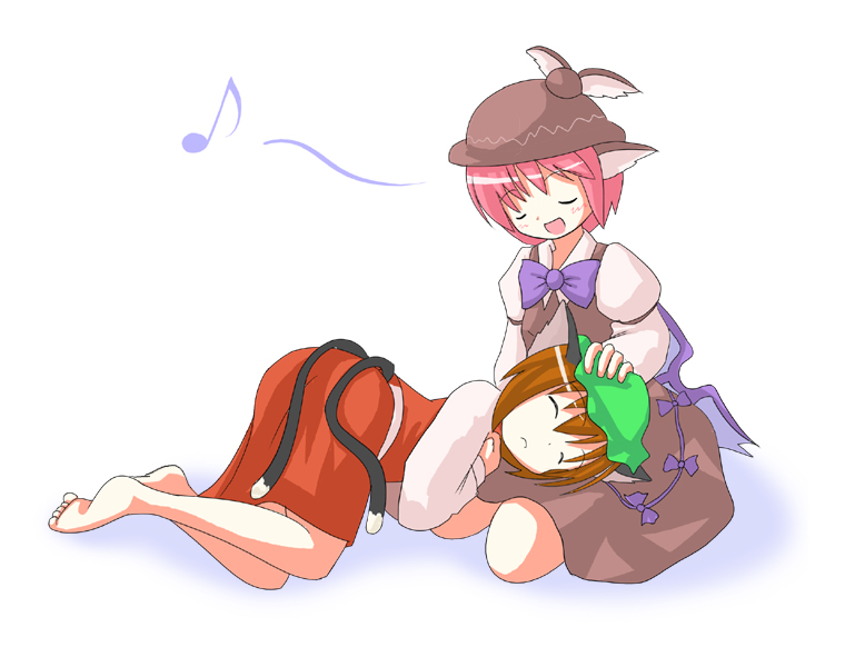 des (namaasi), chen, mystia lorelei, touhou, 2girls, animal ears, cat ears, cat girl, cat tail, female focus, lap pillow, multiple girls, music, singing, tail