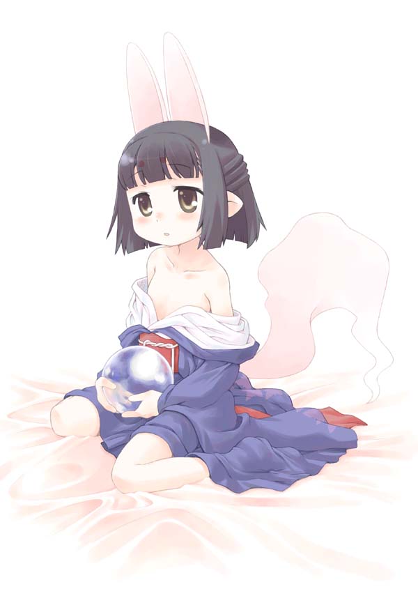 minami juujisei, hasaha, summon night, summon night 2, 1girl, animal ears, bare shoulders, black hair, clothes down, crystal ball, elf, extra ears, female focus, flat chest, fox ears, japanese clothes, kimono, loli, off shoulder, orb, pointy ears, short hair, sitting, solo, tail, wariza, yellow eyes, yukata