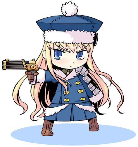 minami juujisei, gunner (sekaiju), gunner 2 (sekaiju), atlus, etrian odyssey, lowres, blonde hair, blue eyes, chibi, coat, gun, hat, solo, weapon