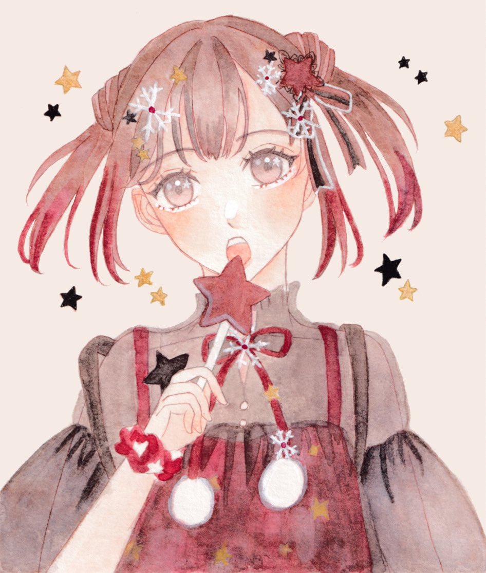 nikki (series), shining nikki, painting (medium), traditional media, watercolor (medium), 1girl, black shirt, bow, brown background, brown eyes, brown hair, collared shirt, double bun, dress, eating, eyelashes, food, gradient hair, hair bow, hair bun, hair ornament, holding, holding food, holding popsicle, kanata (6v0o0v9), light blush, lips, long sleeves, multicolored hair, neck ribbon, open mouth, pinafore dress, pink lips, pom pom (clothes), popsicle, puffy long sleeves, puffy sleeves, red bow, red dress, red hair, red ribbon, red scrunchie, ribbon, scrunchie, see-through clothes, see-through shirt, shirt, short hair, simple background, single stripe, sleeveless, sleeveless dress, snowflake hair ornament, solo, star (symbol), star hair ornament, star in eye, star print, striped bow, stylist (nikki), symbol in eye, teeth, two-tone hair, upper body, upper teeth only, wrist scrunchie