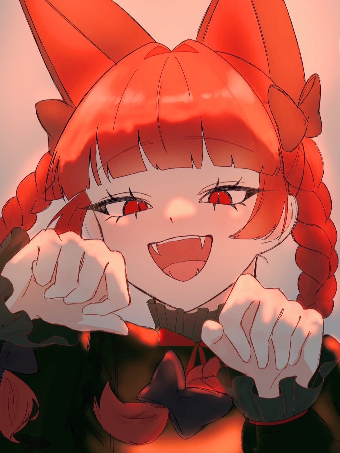 kaenbyou rin, touhou, commentary, highres, 1girl, animal ears, black bow, blunt bangs, bow, braid, cat ears, cat girl, extra ears, fangs, grey background, hair bow, long hair, looking at viewer, negimaume, open mouth, paw pose, red hair, side braids, solo, twin braids, upper body