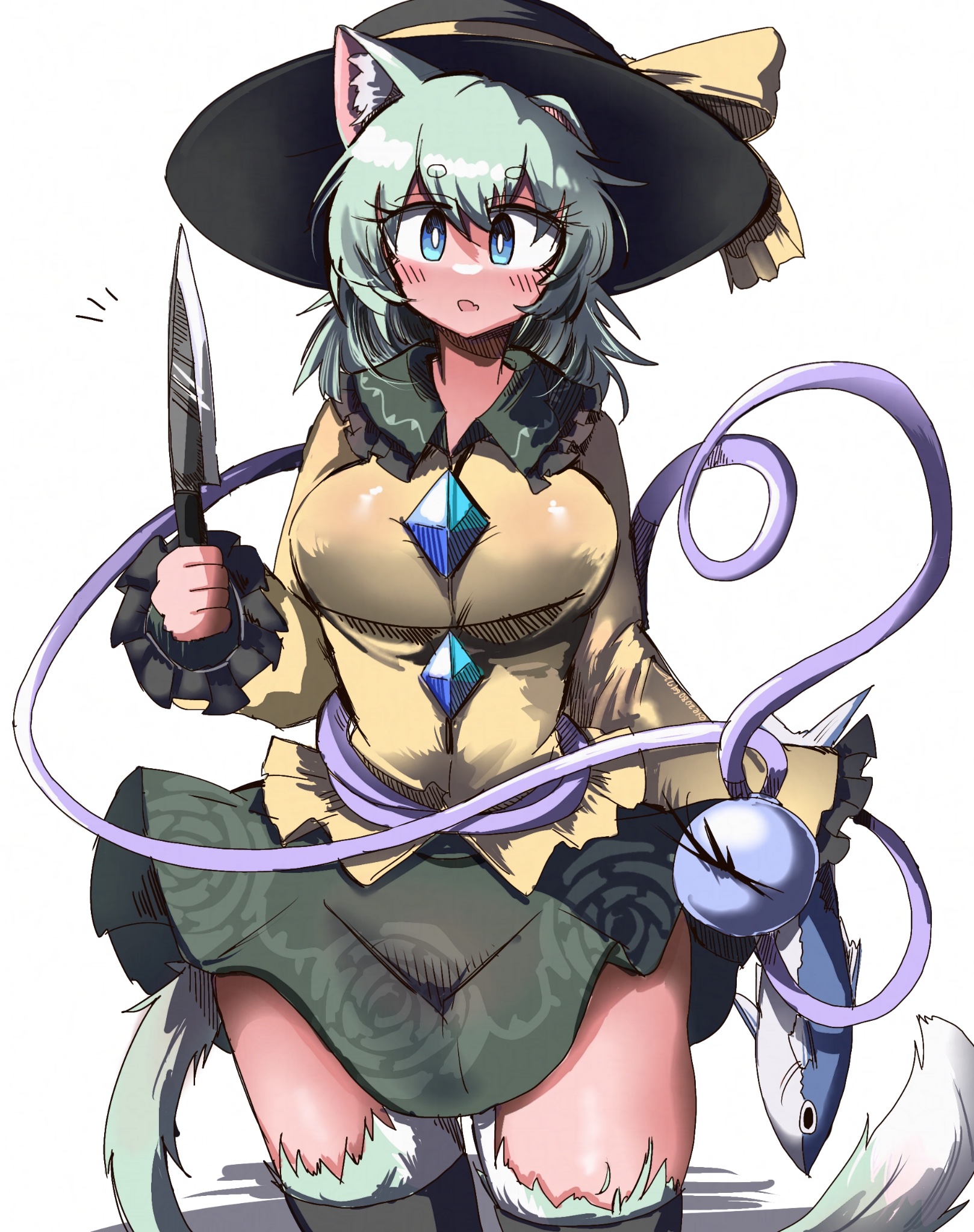 eye20806972, komeiji koishi, touhou, highres, 1girl, animal ear fluff, animal ears, black hat, bright pupils, cat ears, cat tail, fish, floral print, green skirt, hat, hat ribbon, holding, holding knife, knife, long sleeves, ribbon, rose print, shirt, short eyebrows, simple background, skirt, solo, tail, third eye, white background, white pupils, yellow ribbon, yellow shirt