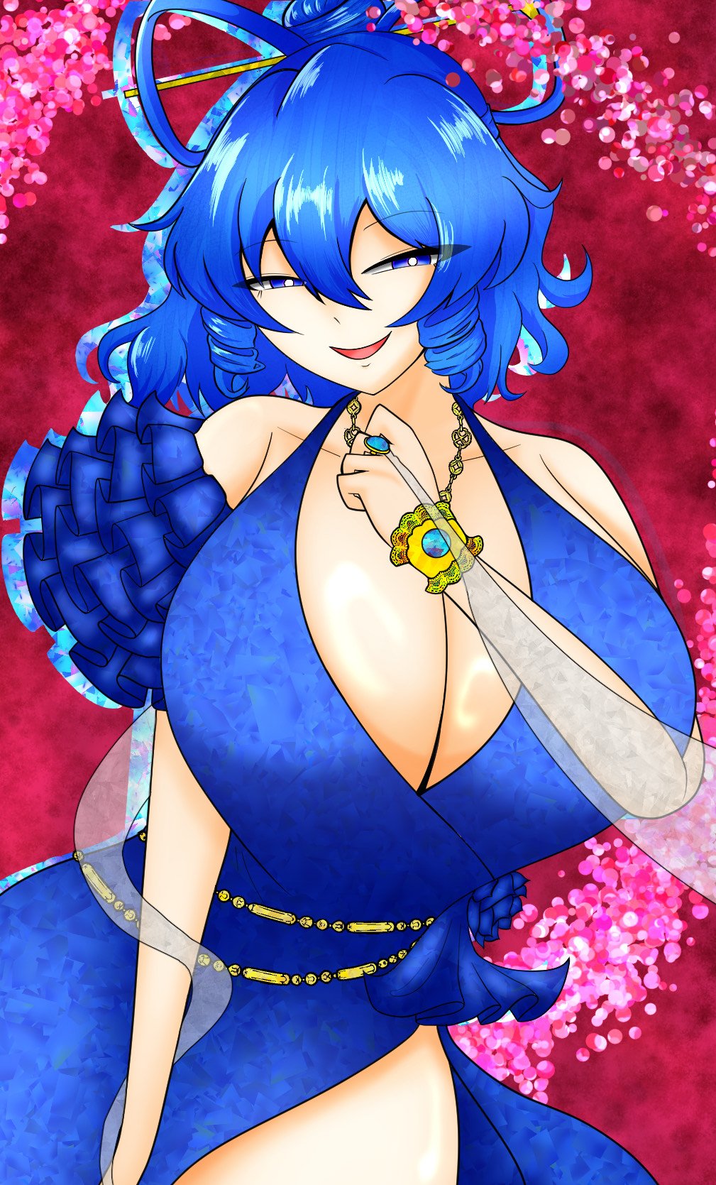 kaku seiga, touhou, commentary request, highres, 1girl, alternate costume, alternate hairstyle, blue dress, blue eyes, blue siroop, bracelet, breasts, bright pupils, dress, drill hair, drill sidelocks, hair rings, half-closed eyes, huge breasts, jewelry, looking at viewer, necklace, red background, sidelocks, sleeveless, sleeveless dress, smile, solo, white pupils