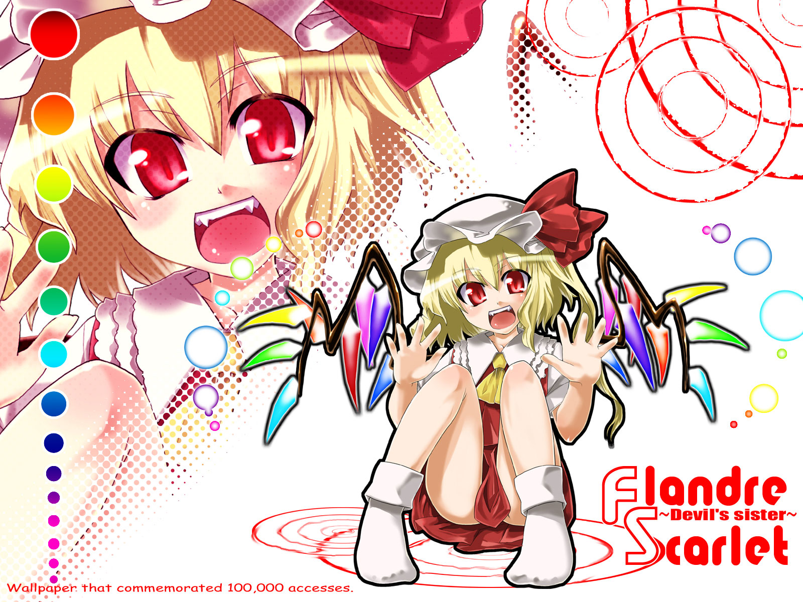 gengorou, flandre scarlet, touhou, highres, 1girl, ascot, blonde hair, blush, character name, crystal, dress, english text, fang, female focus, hat, looking at viewer, mob cap, open mouth, ponytail, rainbow, red dress, red eyes, shirt, short hair, short sleeves, side ponytail, sitting, sleeveless, sleeveless dress, smile, socks, solo, teeth, white background, white hat, white shirt, white socks, wings, yellow ascot
