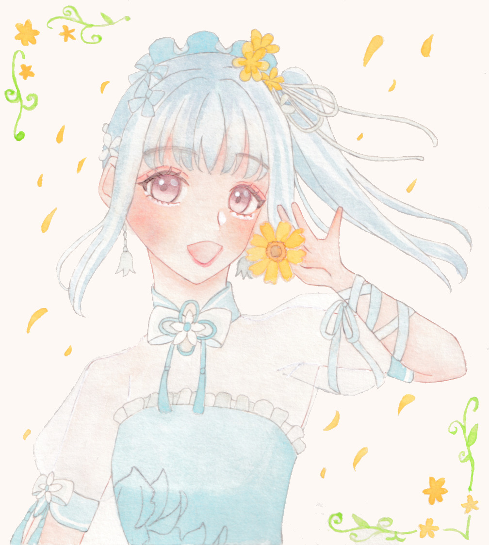 nikki (series), shining nikki, painting (medium), traditional media, watercolor (medium), 1girl, arm ribbon, blue bow, blue collar, blue dress, blue hair, blue hairband, blue ribbon, bow, bowtie, brown eyes, chinese clothes, collar, detached collar, dress, earrings, eyelashes, eyeshadow, floating hair, floral print, flower, flower earrings, flower knot, frilled dress, frilled hairband, frills, hair bow, hair flower, hair ornament, hair ribbon, hairband, happy, holding, holding flower, jewelry, kanata (6v0o0v9), light blush, lipstick, long hair, looking at viewer, makeup, mandarin collar, multiple hair bows, neck flower, neck ribbon, neck tassel, open mouth, petals, picture frame, pink eyeshadow, pink lips, puffy short sleeves, puffy sleeves, ribbon, see-through clothes, see-through shirt, shirt, shirt under dress, short sleeves, side ponytail, simple background, smile, solo, strapless, strapless dress, stylist (nikki), tassel, upper body, white background, white bow, white bowtie, white flower, white ribbon, white shirt, wind, yellow flower