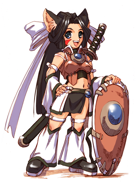 hisahiko, 1girl, animal ears, black hair, blue eyes, breasts, female focus, full body, hand on own hip, long hair, medium breasts, scabbard, sheath, sheathed, shield, simple background, solo, standing, sword, very long hair, weapon, white background