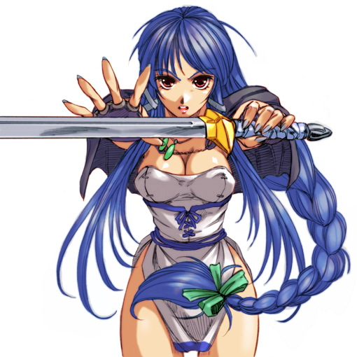 hisahiko, 1girl, blue hair, braid, breasts, brown eyes, cleavage, cowboy shot, female focus, holding, holding sword, holding weapon, large breasts, long hair, red eyes, simple background, solo, sword, weapon, white background