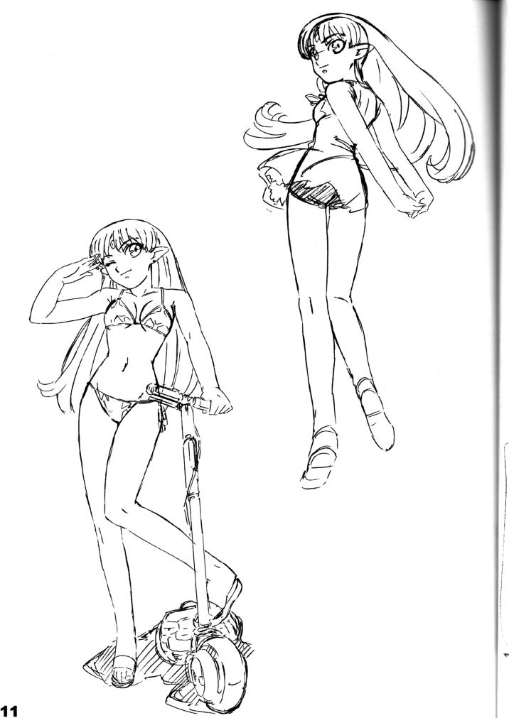 musashiseki bombers, watabe keisuke, lafiel, seikai no senki, official art, scan, 1girl, greyscale, monochrome, pointy ears, sketch
