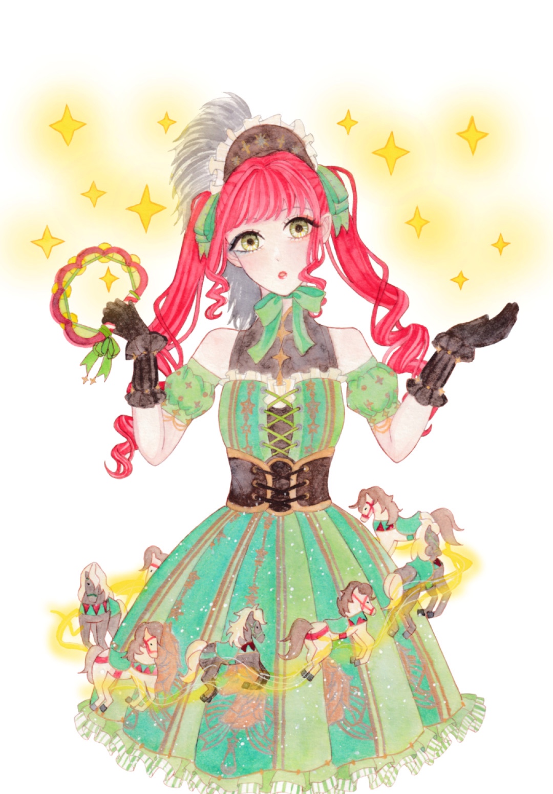 nikki (series), shining nikki, highres, 1girl, bare shoulders, black bonnet, black corset, black gloves, black shirt, black wrist cuffs, blunt bangs, bonnet, bow, bowtie, carnival scene (shining nikki), carousel, corset, cowboy shot, cross-laced clothes, cross-laced dress, detached sleeves, dress, empty eyes, expressionless, eyelashes, eyeshadow, frilled dress, frilled headwear, frilled sleeves, frilled wrist cuffs, frills, gloves, green bow, green bowtie, green dress, green eyes, green sleeves, hair bow, hat feather, holding, holding instrument, holding tambourine, instrument, kanata (6v0o0v9), light blush, lipstick, lolita fashion, long hair, magic, makeup, parted lips, pink eyeshadow, pink lips, puffy short sleeves, puffy sleeves, red hair, shirt, shirt under dress, short dress, short sleeves, sidelocks, simple background, sleeveless, sleeveless shirt, solo, sparkle, standing, strapless, strapless dress, striped clothes, striped dress, tambourine, twintails, vertical-striped clothes, vertical-striped dress, wavy hair, white background, wrist cuffs