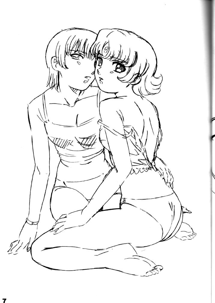 musashiseki bombers, watabe keisuke, ekuryua, sobaash weh dowl yuse, seikai no senki, official art, scan, 2girls, androgynous, ass, back, barefoot, bracelet, breasts, camisole, cleavage, facial mark, feet, female focus, flat chest, forehead jewel, forehead mark, greyscale, hug, jewelry, lingerie, looking back, medium breasts, monochrome, multiple girls, naughty face, page number, panties, parted bangs, short hair, simple background, sitting, sketch, soles, spread legs, strap slip, underwear, underwear only, white background, yuri
