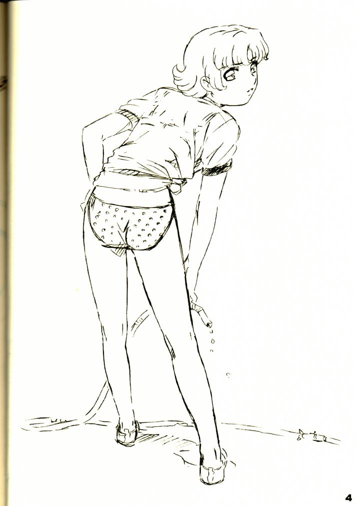 musashiseki bombers, watabe keisuke, ekuryua, seikai no senki, official art, scan, 1girl, ass, bent over, bikini, bikini bottom only, female focus, from behind, greyscale, hand on own hip, hose, looking back, monochrome, polka dot, polka dot bikini, polka dot swimsuit, shirt, shoes, short hair, sketch, solo, standing, swimsuit, t-shirt, tied shirt