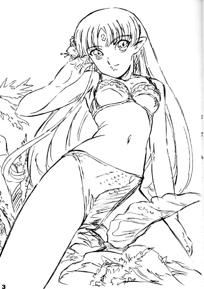 musashiseki bombers, watabe keisuke, lafiel, seikai no senki, official art, scan, 1girl, adjusting hair, armpits, bikini, breasts, female focus, flower, forehead jewel, greyscale, hair flower, hair ornament, hibiscus, leaf, long hair, monochrome, navel, outdoors, palm tree, pointy ears, sketch, small breasts, smile, solo, swimsuit, tree, very long hair