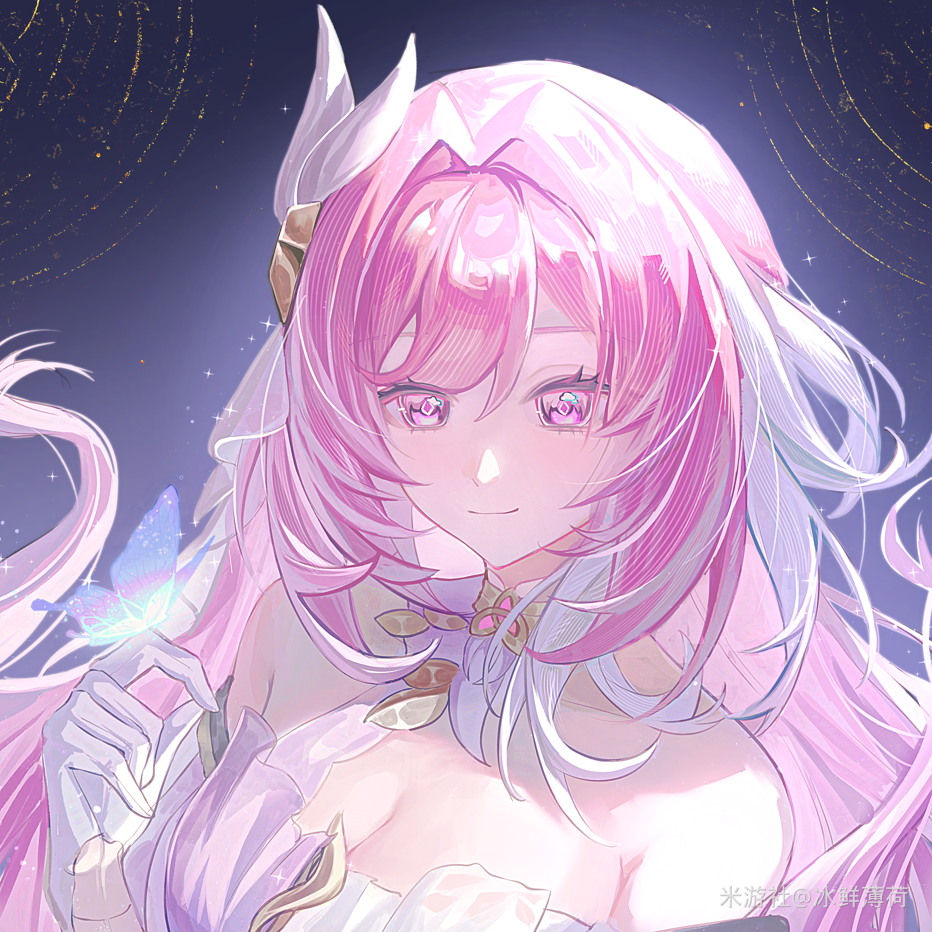 zixingchunyi, elysia (herrscher of human: ego) (honkai impact), elysia (honkai impact), honkai (series), honkai impact 3rd, absurdres, chinese commentary, commentary request, highres, 1girl, bare shoulders, breasts, bug, butterfly, butterfly on hand, cleavage, corset, diamond-shaped pupils, diamond (shape), gloves, insect, large breasts, long hair, looking at viewer, miyoushe watermark, multicolored hair, pink hair, purple eyes, smile, solo, symbol-shaped pupils, two-tone hair, upper body, very long hair, watermark, white corset, white gloves, white hair