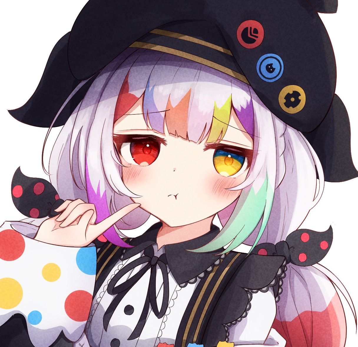 jougasaki noa, mahou shoujo no majo saiban, 1girl, beret, black bow, black hat, black ribbon, blunt bangs, blush, bow, center frills, collared shirt, finger to cheek, frapan pan, frills, hair bow, hat, heterochromia, index finger raised, jitome, long hair, long sleeves, looking at viewer, magical girl, multi-tied hair, multicolored hair, neck ribbon, polka dot, polka dot bow, pout, red eyes, ribbon, shirt, sleeves past wrists, solo, white hair, white shirt, yellow eyes