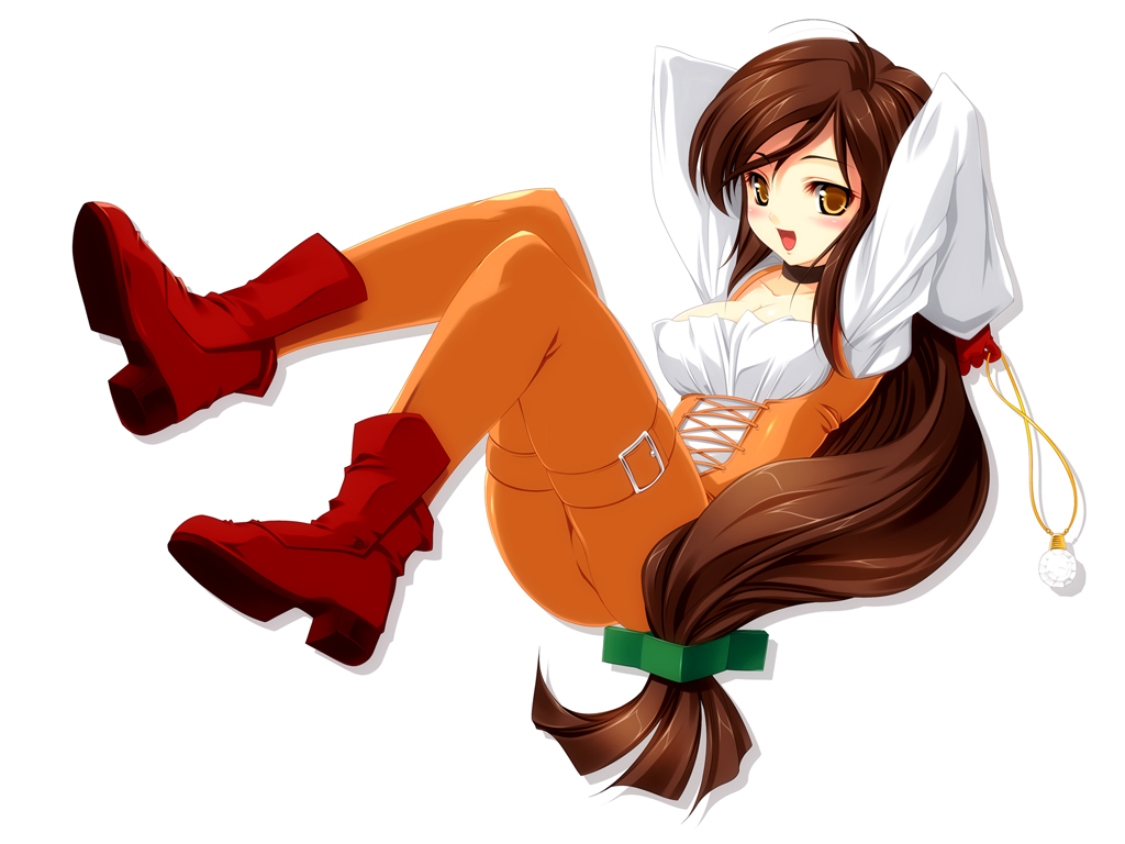 kinoshita ichi, garnet til alexandros xvii, final fantasy, final fantasy ix, 00s, 1girl, blush, boots, breast clinging, breasts, brown eyes, brown hair, cleavage, female focus, framed breasts, full body, half-shirt, jewelry, latex, latex suit, long hair, low-tied long hair, medium breasts, necklace, shiny clothes, skin tight, solo, thigh strap, white background
