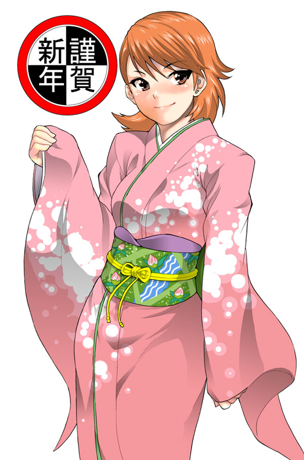 shin'ya (shin'yanchi), takeba yukari, atlus, persona, persona 3, 1girl, blush, brown eyes, brown hair, female focus, japanese clothes, kimono, new year, obi, sash, short hair, simple background, smile, solo, white background, yukata