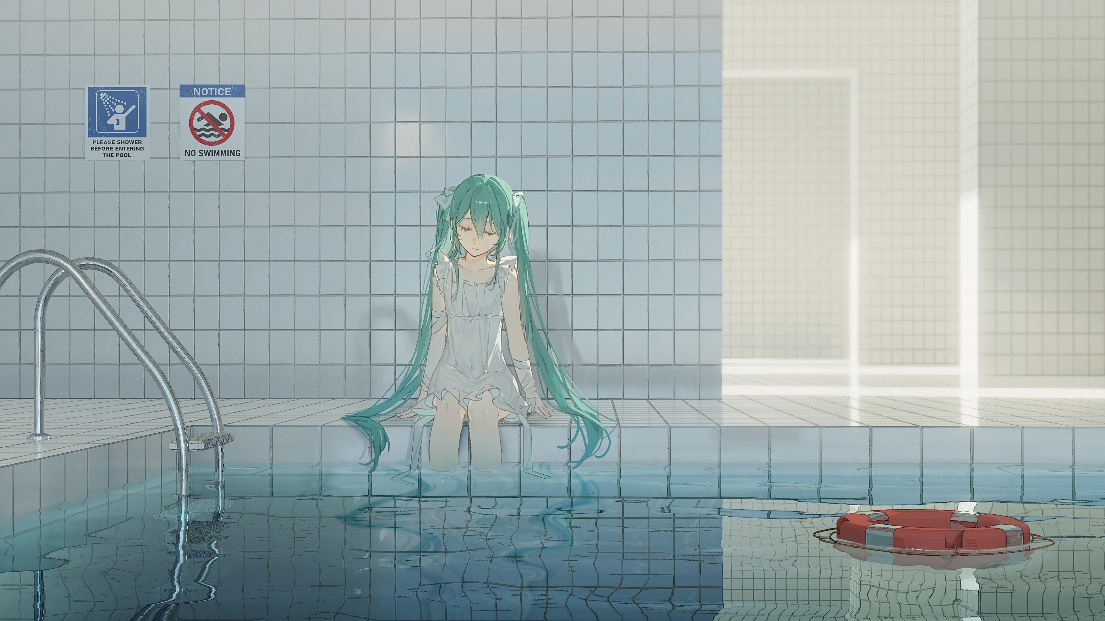 dididi laonian ka, hatsune miku, dream pool, vocaloid, absurdres, clip studio paint (medium), google sketchup (medium), highres, 1girl, aqua hair, arm ribbon, closed eyes, closed mouth, collarbone, designdoll (medium), dress, facing viewer, hair between eyes, indoors, lifebuoy, liminal space, long hair, no symbol, pool ladder, poolside, reflection, reflective water, ribbon, shadow, sitting, soaking feet, solo, swim ring, tile floor, tile wall, tiles, twintails, very long hair, water, white dress