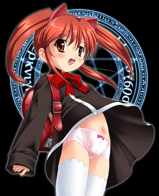 studio rakkyou, takase yuu, aloe, aloe (quiz magic academy), quiz magic academy, 1girl, :d, backpack, bag, black dress, bow, bow panties, brown eyes, brown hair, dress, female focus, loli, long hair, open mouth, panties, pentagram, pink panties, randoseru, school bag, smile, solo, standing, thighhighs, twintails, underwear, white thighhighs, wind, wind lift